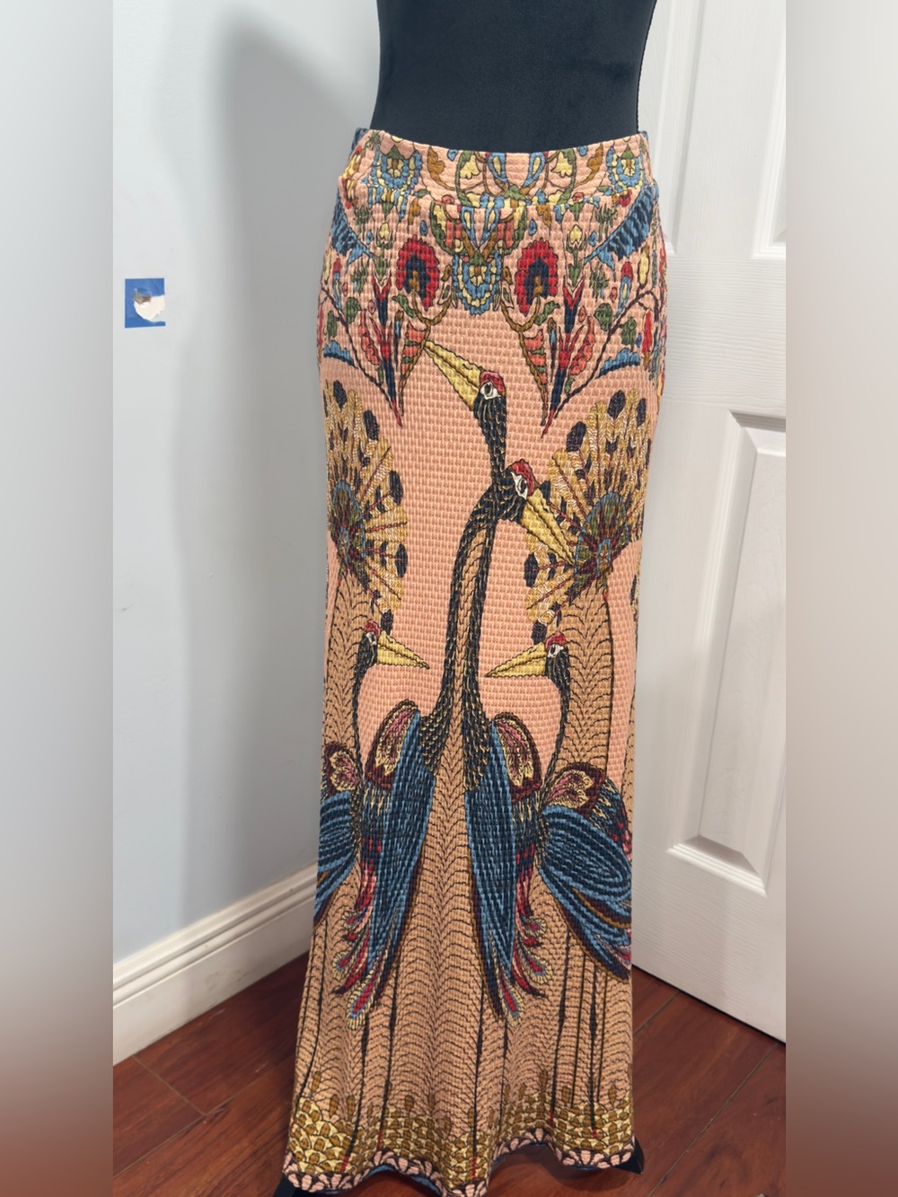 Anthropologie Peach Maxi Skirt with Blue & Red Peacock Print - Picture 8 of 14